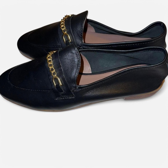 Topshop Shoes - Black Leather Loafers with Gold Chain